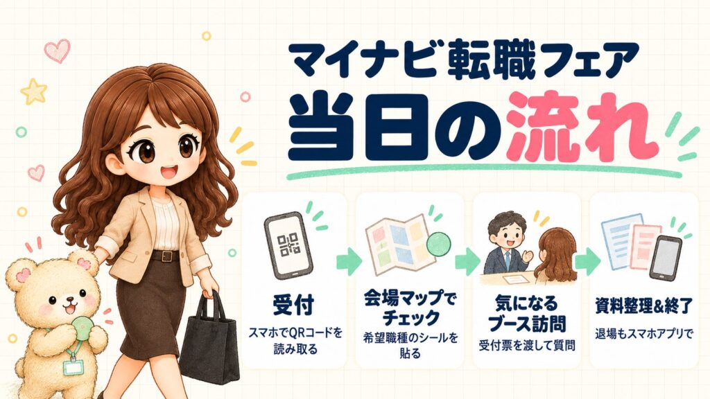 マイナビ転職フェア当日の流れ。受付（スマホでQRコードを読み取る）→会場マップでチェック（希望職種のシールを貼る）→気になるブース訪問（受付票を渡して質問）→資料整理＆終了（退場もスマホアプリで）