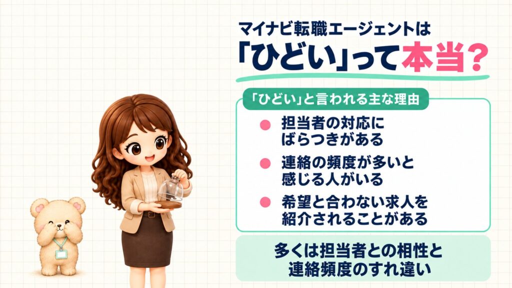 マイナビ転職エージェントは「ひどい」って本当?言われる主な理由は担当者の対応のばらつき・連絡の頻度・希望と合わない求人。多くは相性と連絡頻度のすれ違い。ガラスのドームを持つかなたんと、目を手でおおうくまきちのイラスト