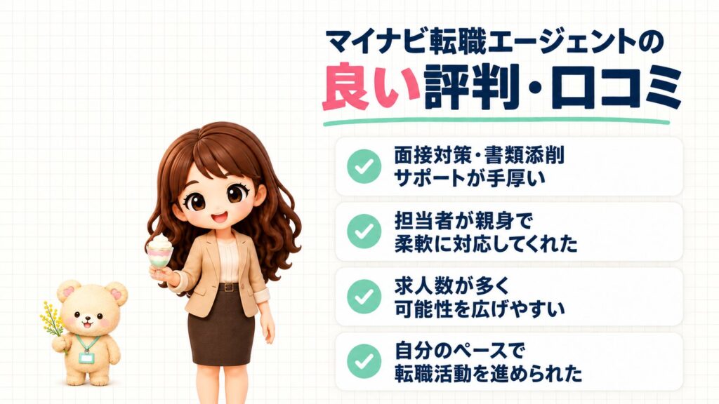 マイナビ転職エージェントの良い評判・口コミ。面接対策・書類添削サポートが手厚い、担当者が親身で柔軟、求人数が多く可能性を広げやすい、自分のペースで進められた。パフェを持つかなたんと、ミモザの小枝を持つくまきちのイラスト