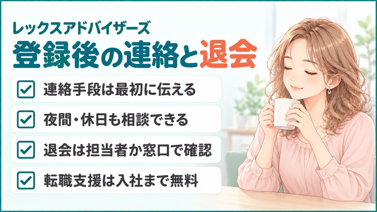 レックスアドバイザーズの連絡手段の伝え方と、退会したいときの手続きの確かめ方をまとめた図