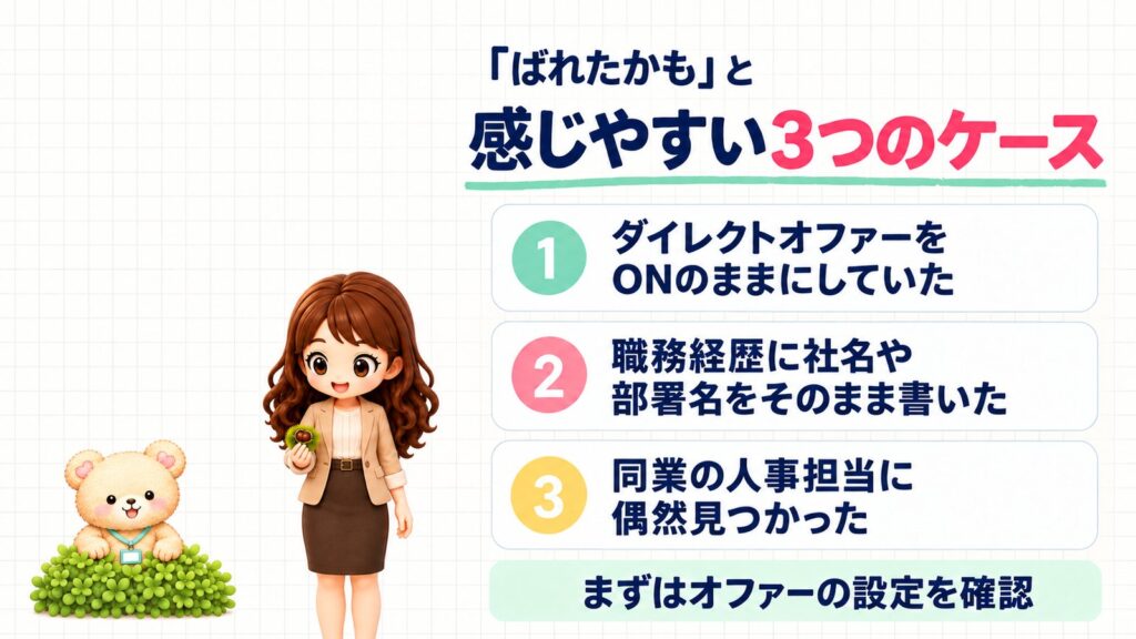 リクナビネクストで「ばれたかも」と感じやすい3つのケース。①ダイレクトオファーをONのままにしていた、②職務経歴に社名や部署名をそのまま書いた、③同業の人事担当に偶然見つかった。まずはオファーの設定を確認。イガ栗をそっとつまむかなたんと、植えこみから顔を出すくまきちのイラスト。