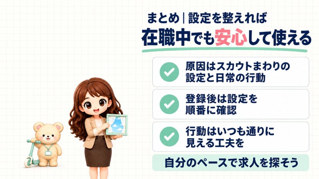 まとめ｜リクナビネクストは設定を整えれば在職中でも安心して使える。原因はスカウトまわりの設定と日常の行動、登録後は設定を順番に確認、行動はいつも通りに見える工夫を。自分のペースで求人を探そう。窓のカーテンを開けるかなたんと、キックボードを持つくまきちのイラスト。
