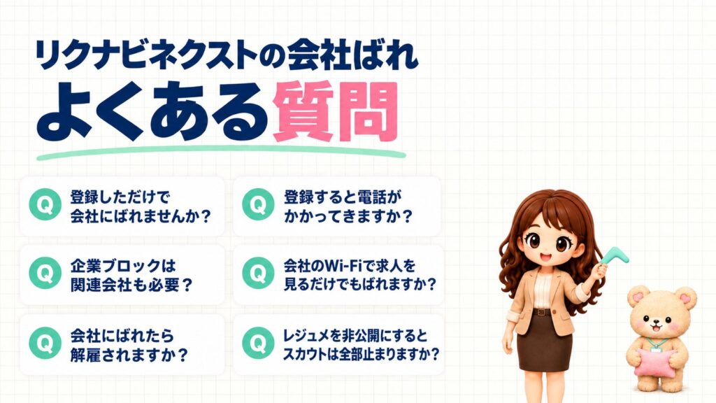 リクナビネクストの登録・会社ばれのよくある質問。登録しただけで会社にばれませんか？登録すると電話がかかってきますか？企業ブロックは関連会社も必要？会社のWi-Fiで求人を見るだけでもばれますか？会社にばれたら解雇されますか？レジュメを非公開にするとスカウトは全部止まりますか？ブーメランを受け止めるかなたんと、まくらを抱くくまきちのイラスト。