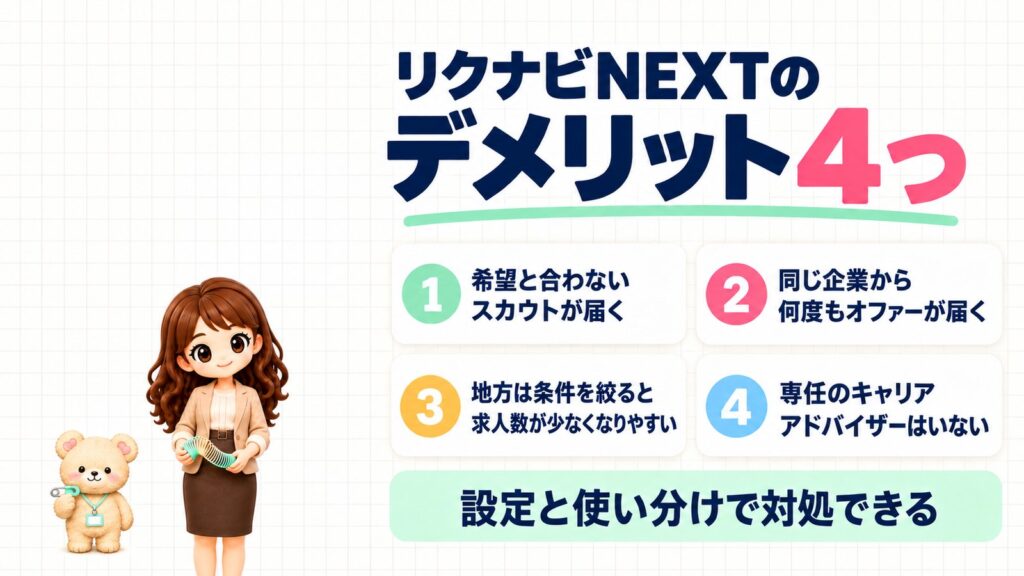 リクナビNEXTのデメリット4つ。①希望と合わないスカウトが届く②同じ企業から何度もオファーが届く③地方は条件を絞ると求人数が少なくなりやすい④専任のキャリアアドバイザーはいない。設定と使い分けで対処できる。ばねのおもちゃを持つかなたんと、安全ピンを持つくまきちのイラスト。
