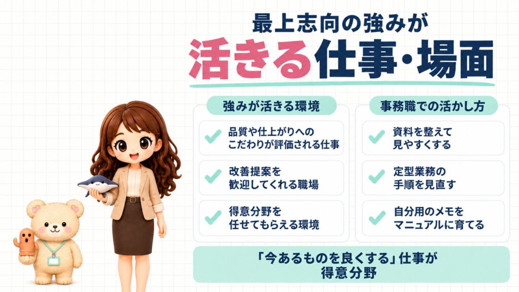最上志向の強みが活きる仕事・場面。強みが活きる環境=品質や仕上がりへのこだわりが評価される仕事・改善提案を歓迎してくれる職場・得意分野を任せてもらえる環境。事務職での活かし方=資料を整えて見やすくする・定型業務の手順を見直す・自分用のメモをマニュアルに育てる。「今あるものを良くする」仕事が得意分野。マンタのぬいぐるみを持つかなたんと、はにわの置き物を持つくまきちのイラスト