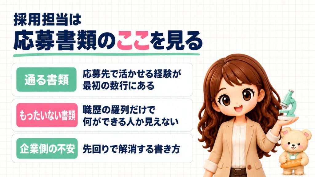 採用担当は応募書類のここを見る。通る書類は応募先で活かせる経験が最初の数行にある、もったいない書類は職歴の羅列だけで何ができる人か見えない、企業側の不安は先回りで解消する書き方を。おもちゃの顕微鏡を持つかなたんと、フランスパンを持つくまきちのイラスト