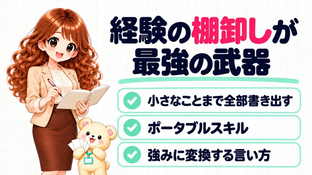 経験の棚卸しが最強の武器。小さなことまで全部書き出す、ポータブルスキル、強みに変換する言い方を示すイラスト