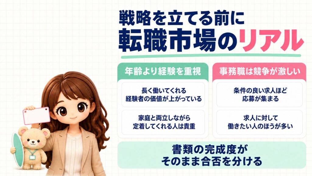 戦略を立てる前に知っておきたい転職市場のリアル。年齢より経験を重視:長く働いてくれる経験者の価値が上がっている、家庭と両立しながら定着してくれる人は貴重。事務職は競争が激しい:条件の良い求人ほど応募が集まり、求人に対して働きたい人のほうが多い。書類の完成度がそのまま合否を分ける。ゼッケンを持つかなたんと、サーフボードをかかえるくまきちのイラスト