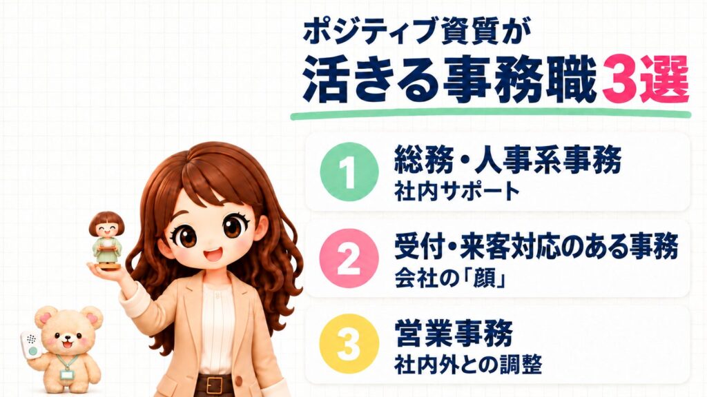 ポジティブ資質が活きる事務職3選。①総務・人事系事務(社内サポート)②受付・来客対応のある事務(会社の「顔」)③営業事務(社内外との調整)。茶運び人形を持つかなたんと、おもちゃのインターホンを持つくまきちのイラスト