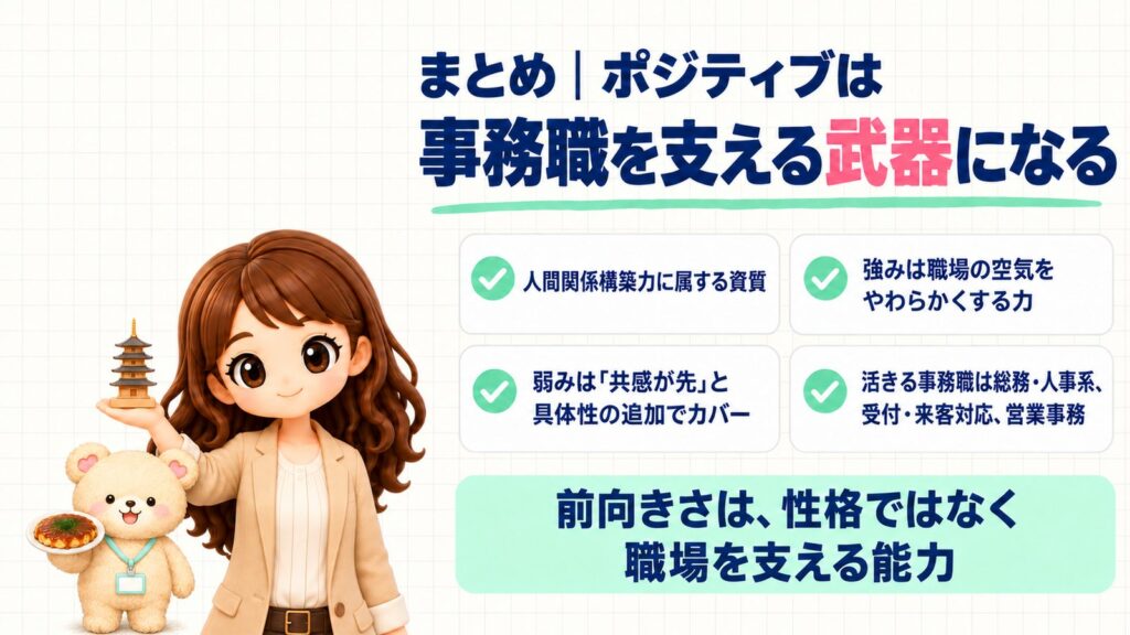 まとめ|ポジティブは事務職を支える武器になる。人間関係構築力に属する資質・強みは職場の空気をやわらかくする力・弱みは「共感が先」と具体性の追加でカバー・活きる事務職は総務・人事系、受付・来客対応、営業事務。前向きさは、性格ではなく職場を支える能力。ミニチュアの木の塔を持つかなたんと、お好み焼きを持つくまきちのイラスト