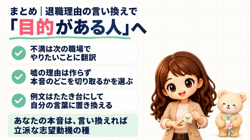 まとめ｜退職理由の言い換えで「辞めた人」から「目的がある人」へ。不満は次の職場でやりたいことに翻訳、嘘の理由は作らず本音のどこを切り取るかを選ぶ、例文はたたき台にして自分の言葉に置き換える。本音は言い換えれば志望動機の種。種の袋を持つかなたんと、コサージュを持つくまきちのイラスト