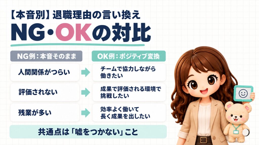 【本音別】退職理由の言い換えのNG・OKの対比。人間関係がつらい→チームで協力しながら働きたい、評価されない→成果で評価される環境で挑戦したい、残業が多い→効率よく働いて長く成果を出したい。共通点は「嘘をつかない」こと。お絵かきボードを持つかなたんと、リバーシの石を持つくまきちのイラスト
