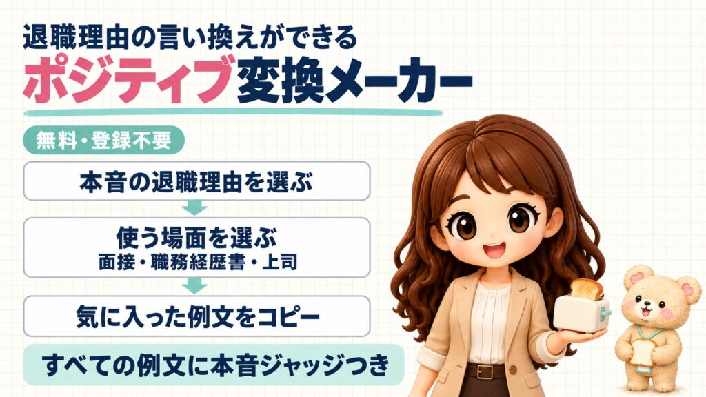 退職理由の言い換えができる無料・登録不要のポジティブ変換メーカーの使い方。本音の退職理由を選ぶ、使う場面（面接・職務経歴書・上司）を選ぶ、気に入った例文をコピー。すべての例文に本音ジャッジつき。トースターを持つかなたんと、食パンを持つくまきちのイラスト