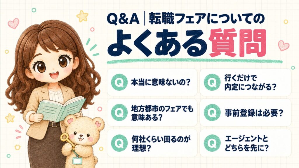 転職フェアについてのよくある質問。本当に意味ないの？、行くだけで内定につながる？、地方都市のフェアでも意味ある？、事前登録は必要？、何社くらい回るのが理想？、エージェントとどちらを先に？