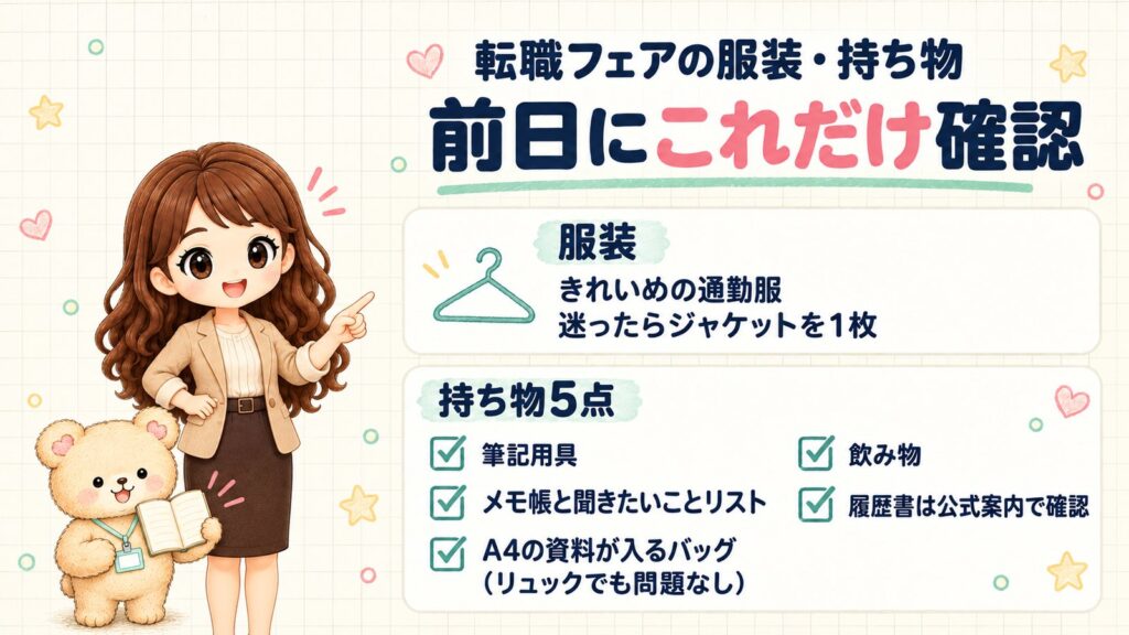 転職フェアの服装・持ち物の前日チェックリスト。服装はきれいめの通勤服で、迷ったらジャケットを1枚。持ち物は筆記用具・メモ帳と聞きたいことリスト・A4の資料が入るバッグ（リュックでも問題なし）・飲み物・履歴書（公式案内で確認）の5点