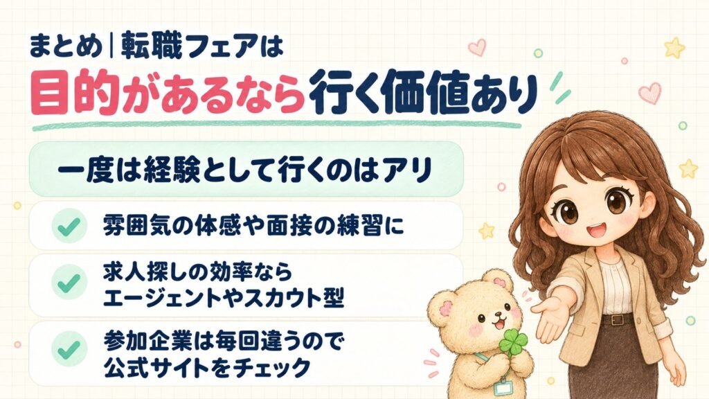 まとめ｜転職フェアは目的があるなら行く価値あり。一度は経験として行くのはアリで、雰囲気の体感や面接の練習になる。求人探しの効率ならエージェントやスカウト型、参加企業は毎回違うので公式サイトをチェック