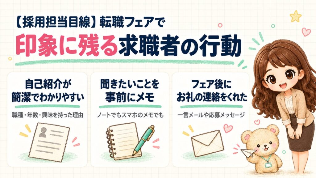 採用担当目線で見た、転職フェアで印象に残る求職者の行動。自己紹介が簡潔でわかりやすい、聞きたいことを事前にメモしてきている、フェア後にお礼の連絡をくれた