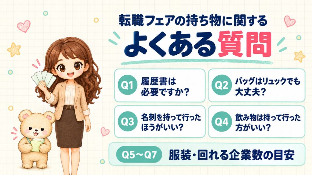 転職フェアの持ち物に関するよくある質問。Q1 履歴書は必要ですか？／Q2 バッグはリュックでも大丈夫？／Q3 名刺を持って行ったほうがいい？／Q4 飲み物は持って行った方がいい？と、Q5〜Q7の服装や1日に回れる企業数の目安