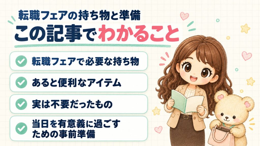 転職フェアの持ち物と準備について、この記事でわかること。転職フェアで必要な持ち物、あると便利なアイテム、実は不要だったもの、当日を有意義に過ごすための事前準備