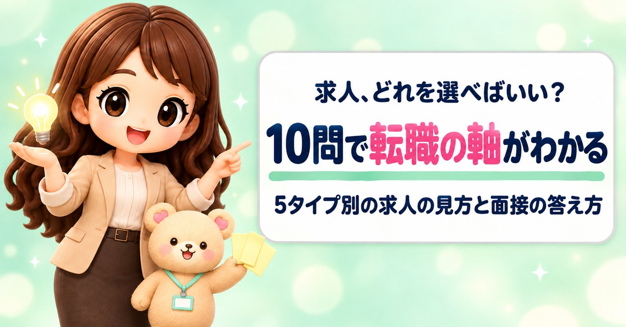 求人、どれを選べばいい？ 10問で転職の軸がわかる 5タイプ別の求人の見方と面接の答え方（ひらめきの電球を手に札をさすかなたんと、黄色い付箋を3枚かかげるくまきちのイラスト）