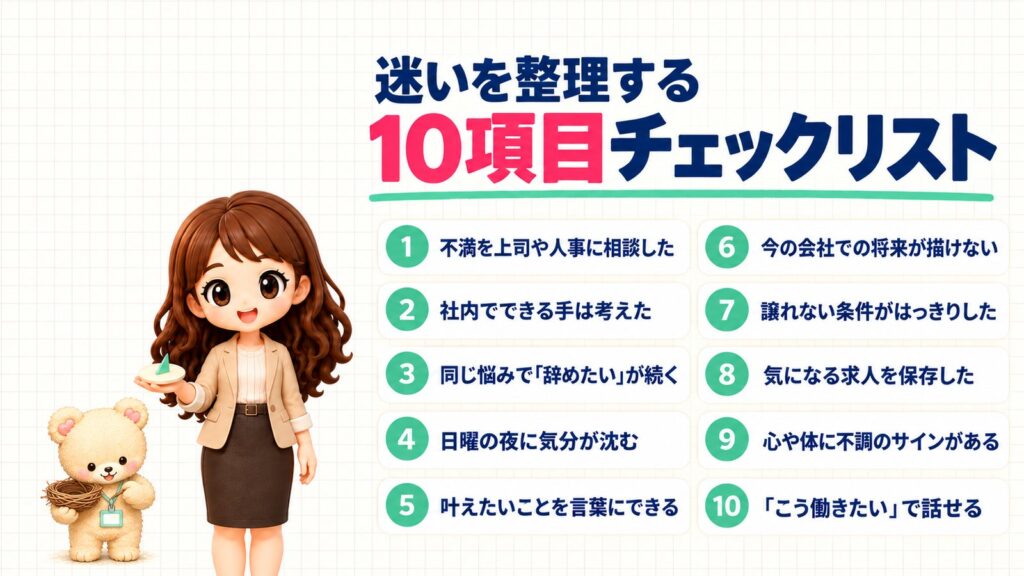 転職の迷いを整理する10項目チェックリスト。上司や人事への相談・社内でできる手・日曜の夜の気分・叶えたいことの言語化・譲れない条件・心や体の不調のサインなど。日時計を持つかなたんと、鳥の巣を持つくまきちのイラスト
