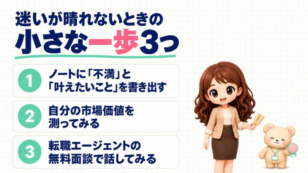 迷いが晴れないときの小さな一歩3つ。ノートに不満と叶えたいことを書き出す・自分の市場価値を測ってみる・転職エージェントの無料面談で話してみる。拍子木を持つかなたんと、手作りのメダルを持つくまきちのイラスト