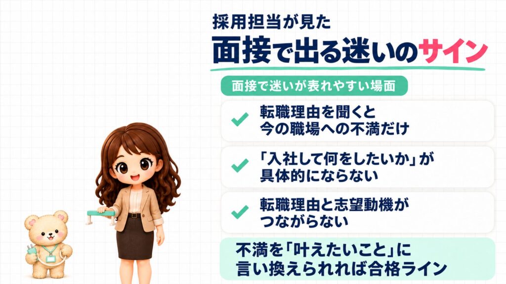 採用担当が見た、迷ったまま面接に来る人のサイン。転職理由が今の職場への不満だけ・入社して何をしたいかが具体的にならない・転職理由と志望動機がつながらない。小さなハードルを持つかなたんと、プラグを持つくまきちのイラスト