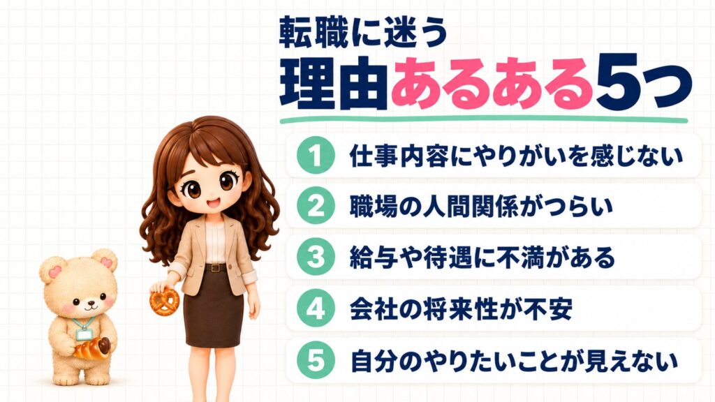 転職に迷う理由あるある5つ。仕事内容にやりがいを感じない・職場の人間関係がつらい・給与や待遇に不満がある・会社の将来性が不安・自分のやりたいことが見えない。プレッツェルを持つかなたんと、チョココロネを持つくまきちのイラスト