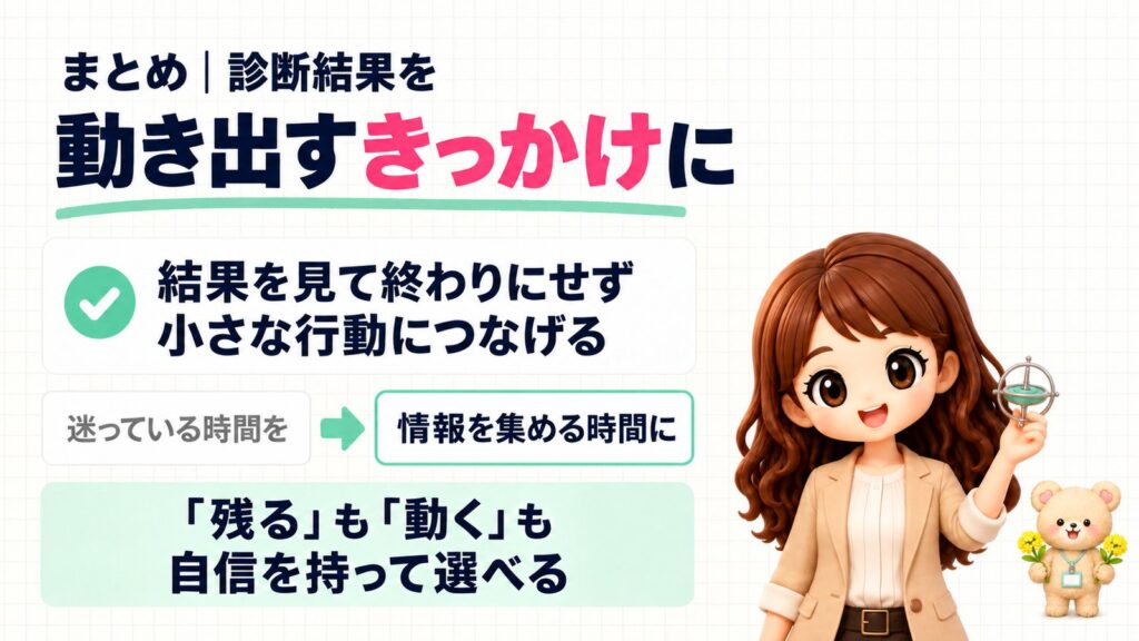 まとめ|診断結果を動き出すきっかけに。結果を見て終わりにせず小さな行動につなげる。迷っている時間を情報を集める時間に。「残る」も「動く」も自信を持って選べる。地球ゴマを持つかなたんと、菜の花を持つくまきちのイラスト