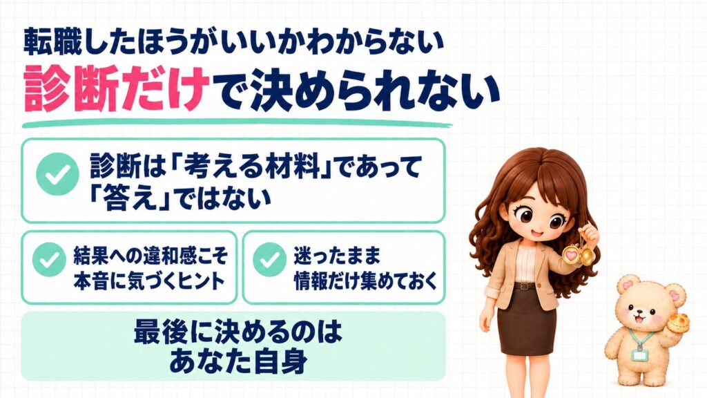 転職したほうがいいかわからない人へ。診断だけで決められないときは、診断は「考える材料」であって「答え」ではない、結果への違和感こそ本音に気づくヒント、迷ったまま情報だけ集めておく。最後に決めるのはあなた自身。開いたペンダントを持つかなたんと、スコーンを持つくまきちのイラスト