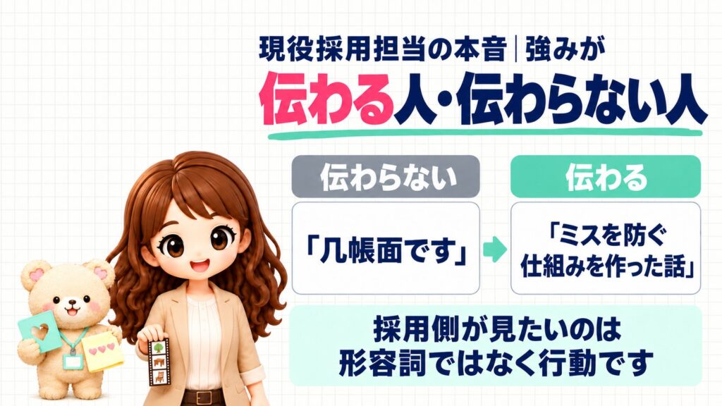 現役採用担当の本音|強みが伝わる人・伝わらない人。伝わらない「几帳面です」、伝わる「ミスを防ぐ仕組みを作った話」。採用側が見たいのは形容詞ではなく行動です。フィルムの切れはしを持つかなたんと、ステンシルとハートを写した布を持つくまきちのイラスト