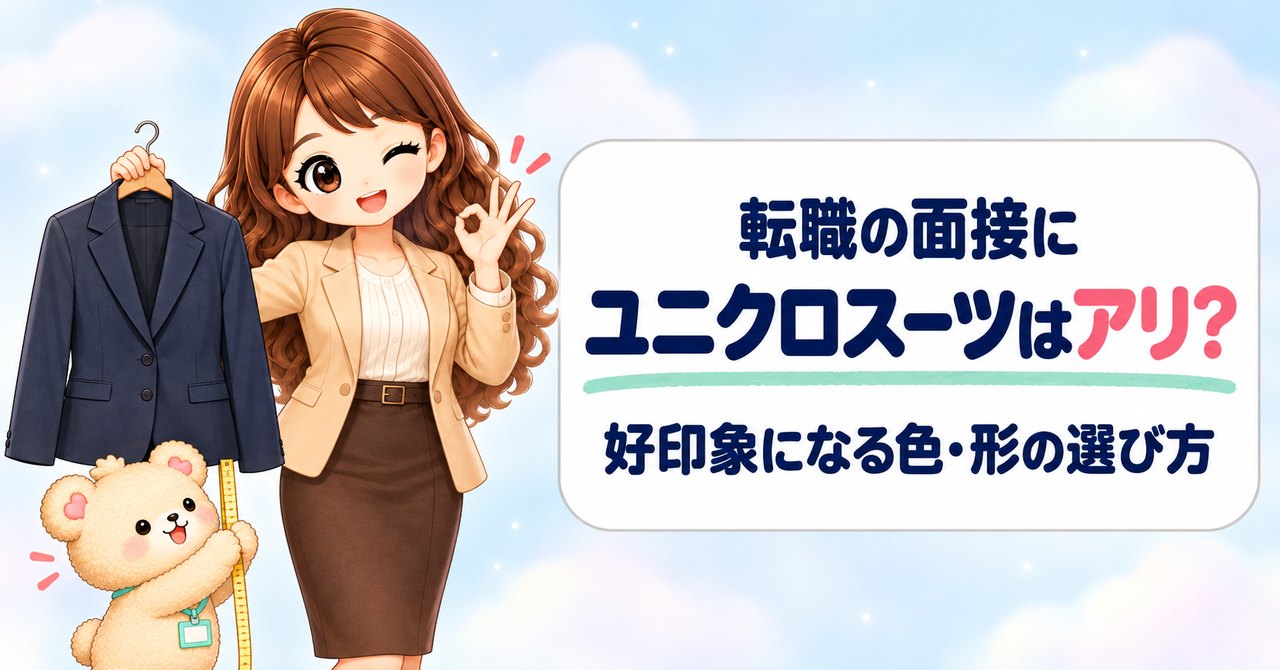 「転職の面接に ユニクロスーツはアリ？ 好印象になる色・形の選び方」の文字と、ネイビーのジャケットをハンガーで見せてウインクする女性と、巻き尺でジャケットを測るクマのキャラクター