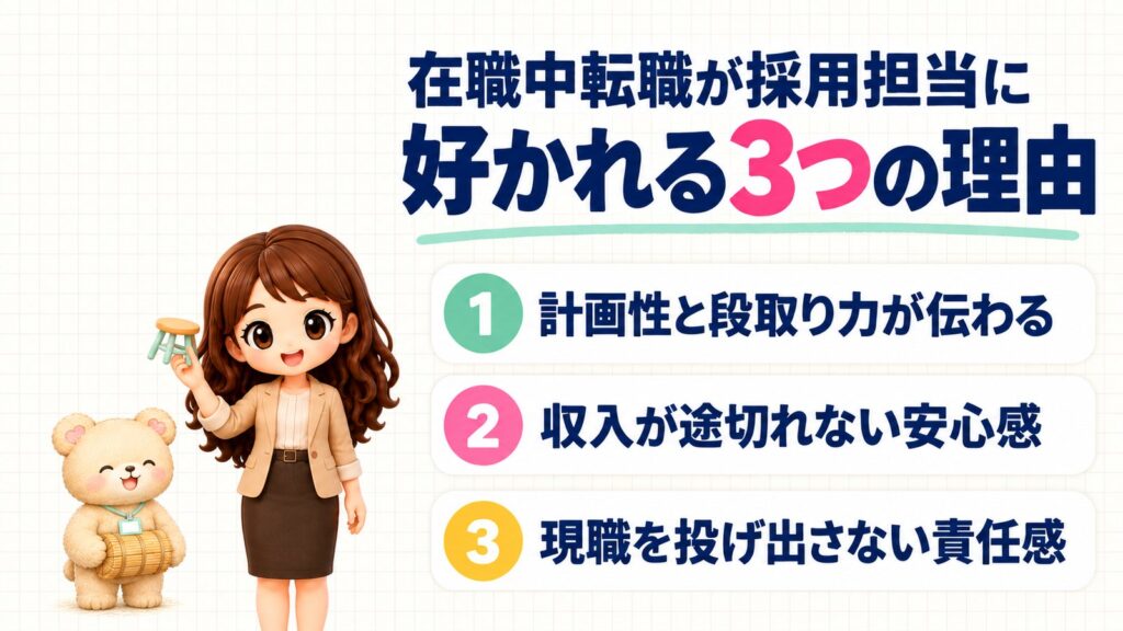 在職中転職が採用担当に好かれる3つの理由:①計画性と段取り力が伝わる②収入が途切れない安心感③現職を投げ出さない責任感。小さなスツールを持つかなたんと、米俵を持つくまきちのイラスト